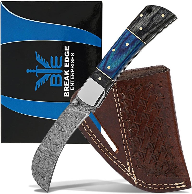 BE BREAK EDGE Hawkbill Knife,Folding Pocket Knife with Curved Blade, Lineman Tools, Damascus Steel construction. (Blue&Grey) - Image 1